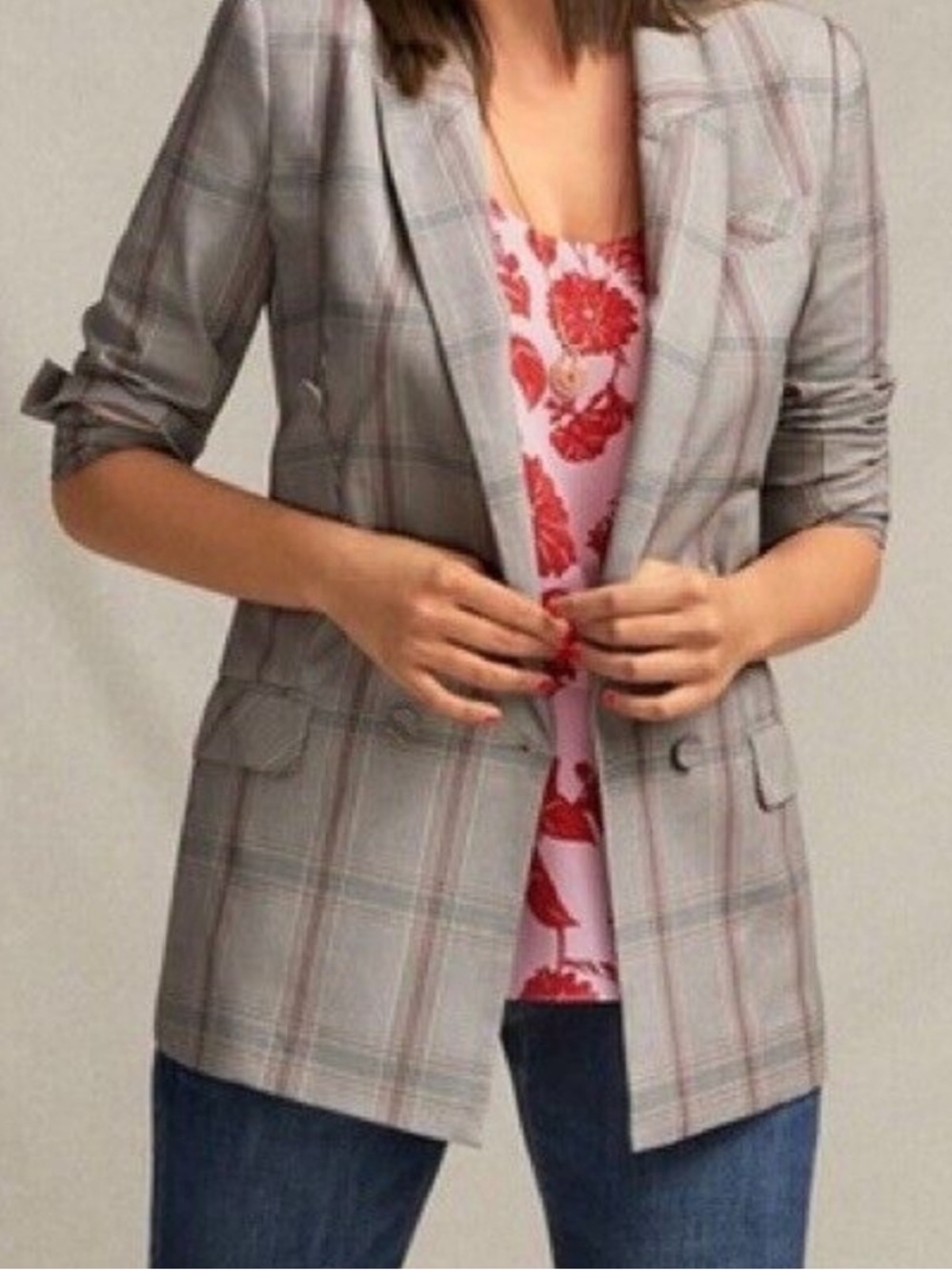 CAbi Sleuth Plaid Blazer Brown Blush Double Breasted Jacket #5470 Sz 10